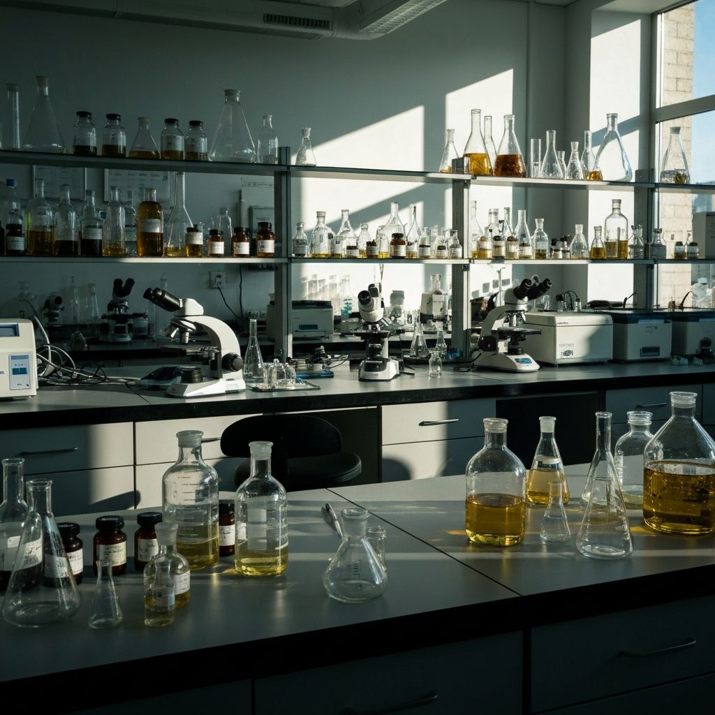 Botanical research laboratory with plant extracts and scientific equipment
